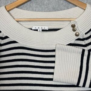 CAbi Knit The Get Away Striped 3/4 Sleeve Boat Neck Sweater-Black/White-Medium